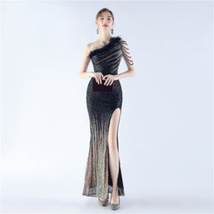 One-Shoulder Ombre Sequin Feather Dress