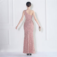 One-Shoulder Sequined Fishtail Maxi Dress