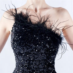 One-Shoulder Sequin Feather Maxi Dress