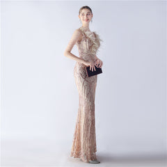 Ostrich Feather Beaded Maxi Dress