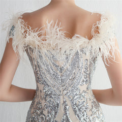 Off-Shoulder Sequined Feather Maxi Dress