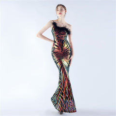 One-Shoulder Sequined Ostrich Feather Dress