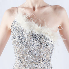 One-Shoulder Sequin Feather Maxi Dress