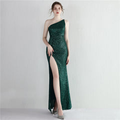 Sequin One-Shoulder Fishtail Maxi Dress