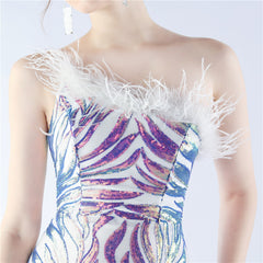 One-Shoulder Sequined Ostrich Feather Dress