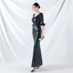 Ostrich Feather Gradient Sequin Maxi Dress