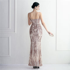 Elegant Sequin Beaded Fishtail Maxi Dress