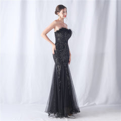 Sequined Feathered Fishtail Maxi Dress