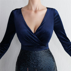 Sequined V-Neck Long-Sleeve Fishtail Dress
