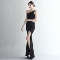 One-Shoulder Sequined Fishtail Split Maxi Dress