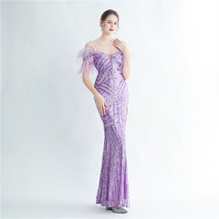 Ostrich Feather Sequined Maxi Dress