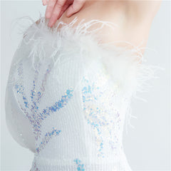 One-Shoulder Ostrich Feather Beaded Maxi Dress