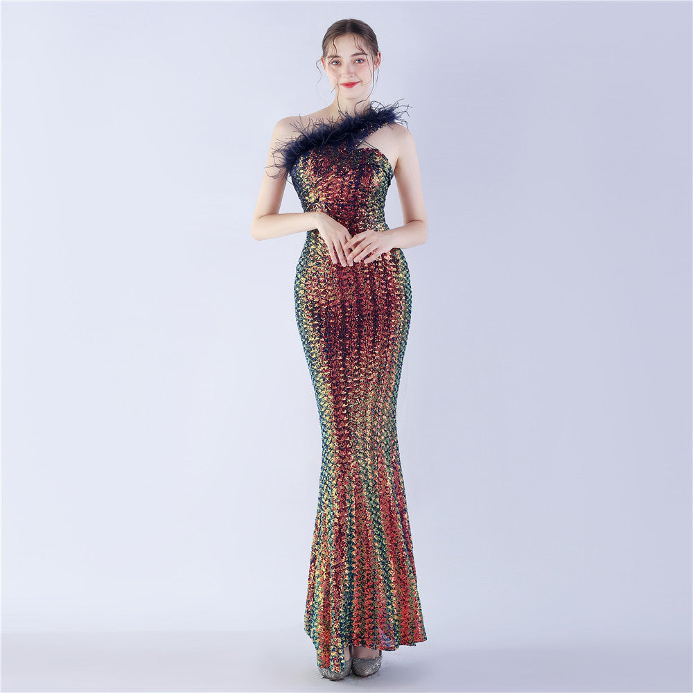 Asymmetric One-Shoulder Sequined Maxi Dress