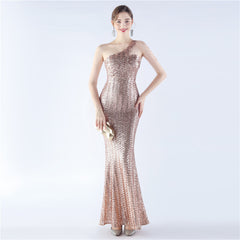 Sequin Beaded One-Shoulder Maxi Dress