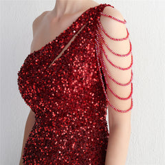 One-Shoulder Sequined Beaded Fishtail Maxi Dress
