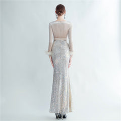 Ostrich Feather Sequined Maxi Dress