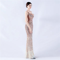 One-Shoulder Sequin Feather Maxi Dress