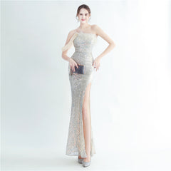 One-Shoulder Ostrich Feather Beaded Maxi Dress