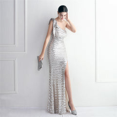 Sequined One-Shoulder Fishtail Maxi Dress