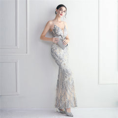 Elegant Sequin Beaded Fishtail Maxi Dress