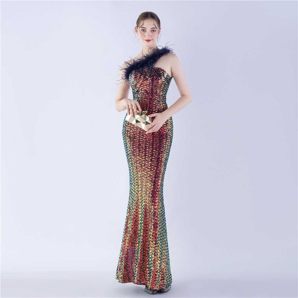 Asymmetric One-Shoulder Sequined Maxi Dress