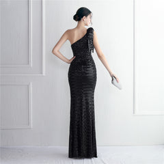 Sequined One-Shoulder Fishtail Maxi Dress