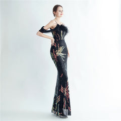 One-Shoulder Ostrich Feather Beaded Maxi Dress