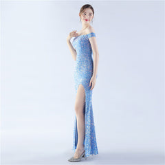 Off-Shoulder Sequin Split Maxi Dress