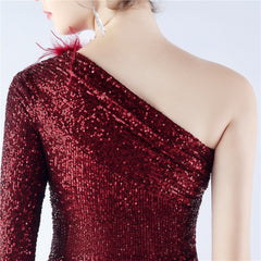 One-Shoulder Sequined Feather Dress