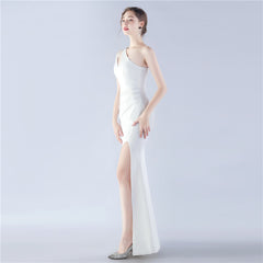 Beaded One-Shoulder Diagonal Collar Maxi Dress