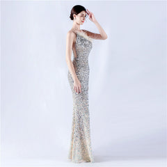 One-Shoulder Sequin Feather Maxi Dress