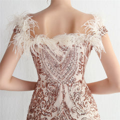 Off-Shoulder Sequined Feather Maxi Dress