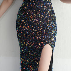 One-Shoulder Sequined Split Maxi Dress