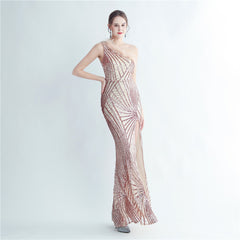 One-Shoulder Sequin Feather Maxi Dress
