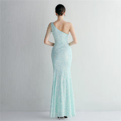 One-Shoulder Sequined Beaded Fishtail Maxi Dress
