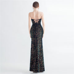 Sequin Boned Strapless Split Maxi Dress