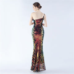 One-Shoulder Sequined Ostrich Feather Dress
