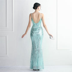 V-Neck Sequined Beaded Maxi Dress