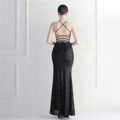 Crisscross Backless Sequined Maxi Dress