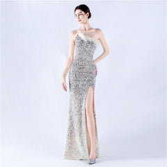 One-Shoulder Sequin Feather Maxi Dress