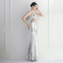 Sequined Beaded Fishtail Maxi Dress