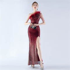 One-Shoulder Ombre Sequin Feather Dress