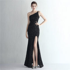 One-Shoulder Sequined Fishtail Split Maxi Dress