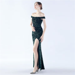 Off-Shoulder Sequin Split Maxi Dress