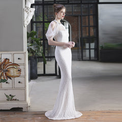 Backless Sequin Mesh Fishtail Maxi Dress