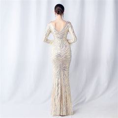 V-Neck Ostrich Feather Sequin Maxi Dress