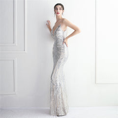 V-Neck Sequined Beaded Maxi Dress