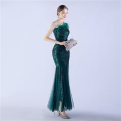 Beaded Sequined Ostrich Feather Maxi Dress