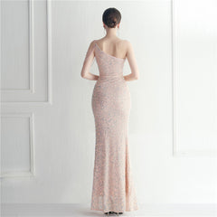 One-Shoulder Sequined Split Maxi Dress