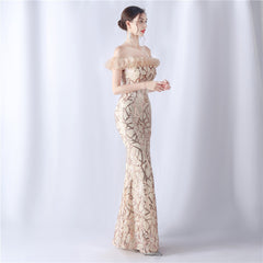 Sequined Embroidered Off-Shoulder Maxi Dress